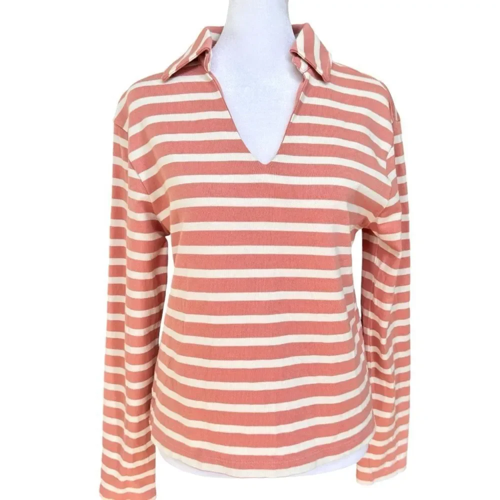Boden Notch Collar Long Sleeve Pink & White Stripe Pullover Top Shirt. NWOT. XS. - Picture 2 of 8